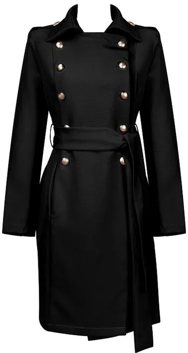 Double-Breasted Gold Button-Embellished Belted Coat, Black