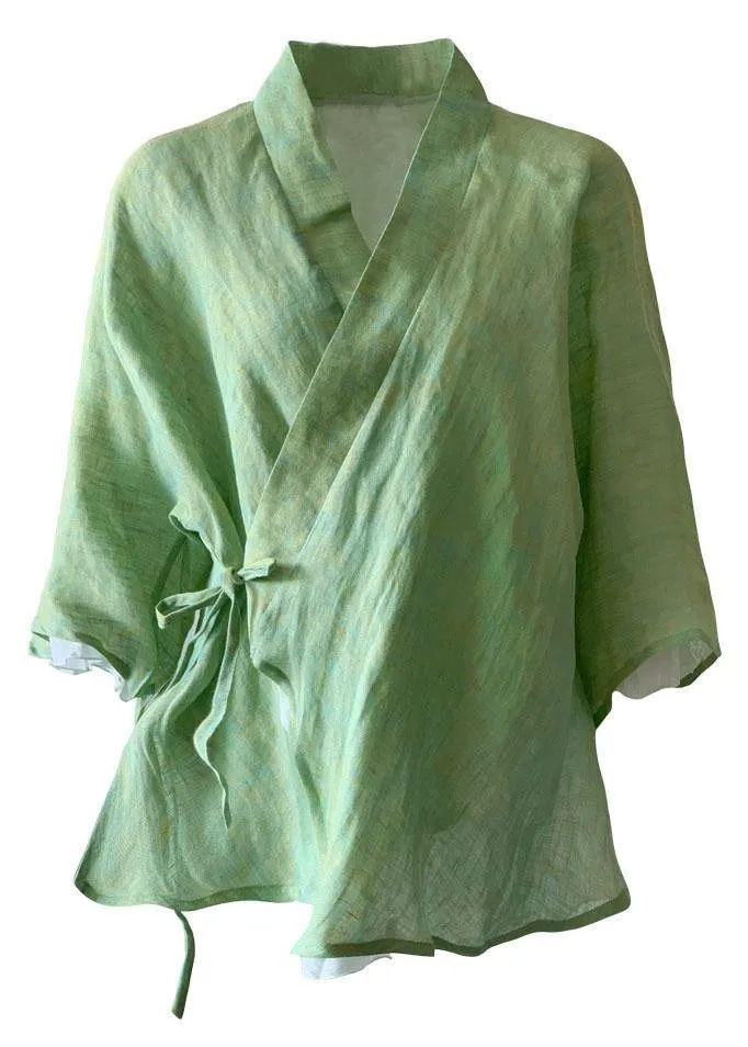 Elegant Green V Neck Butterfly Sleeve Tie Waist Summer Linen Tops