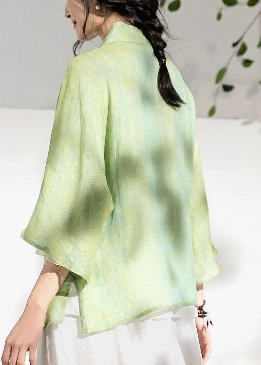 Elegant Green V Neck Butterfly Sleeve Tie Waist Summer Linen Tops