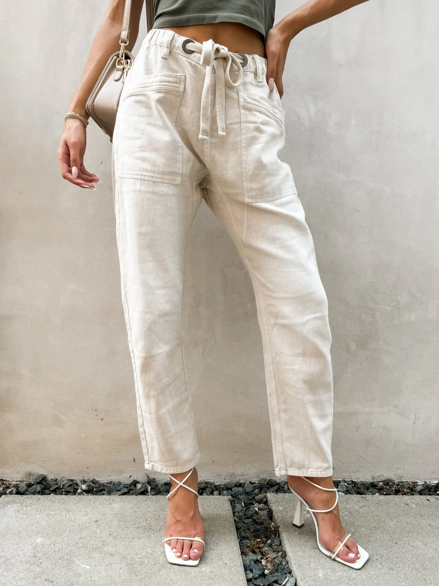 Eva Drawstring Denim Pants in Ecru - Final Sale