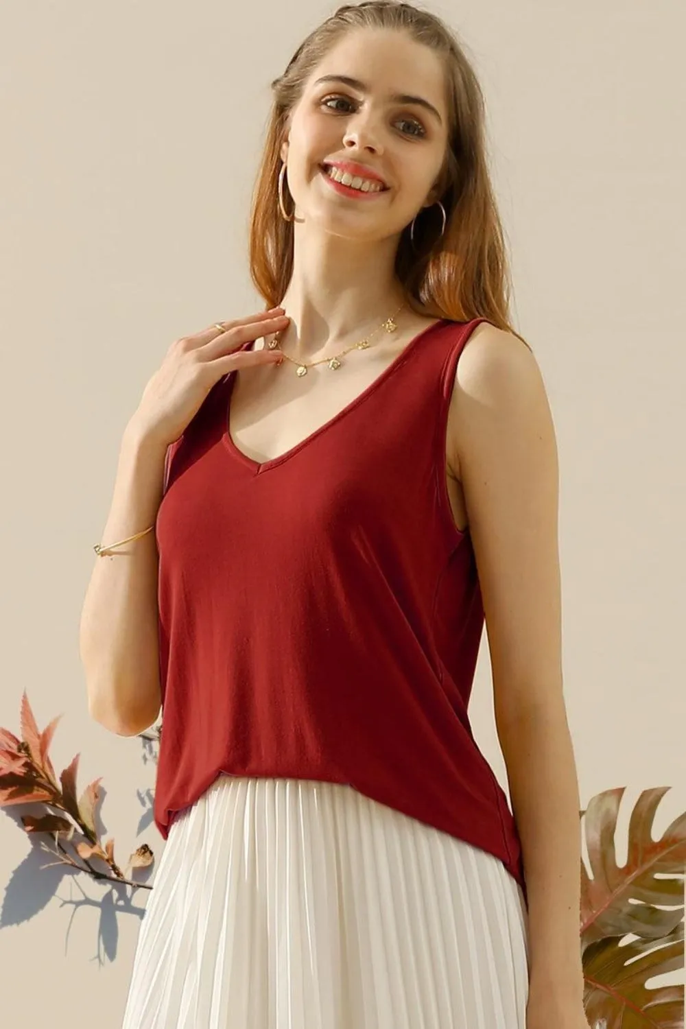 Full Size V-Neck Curved Hem Tank