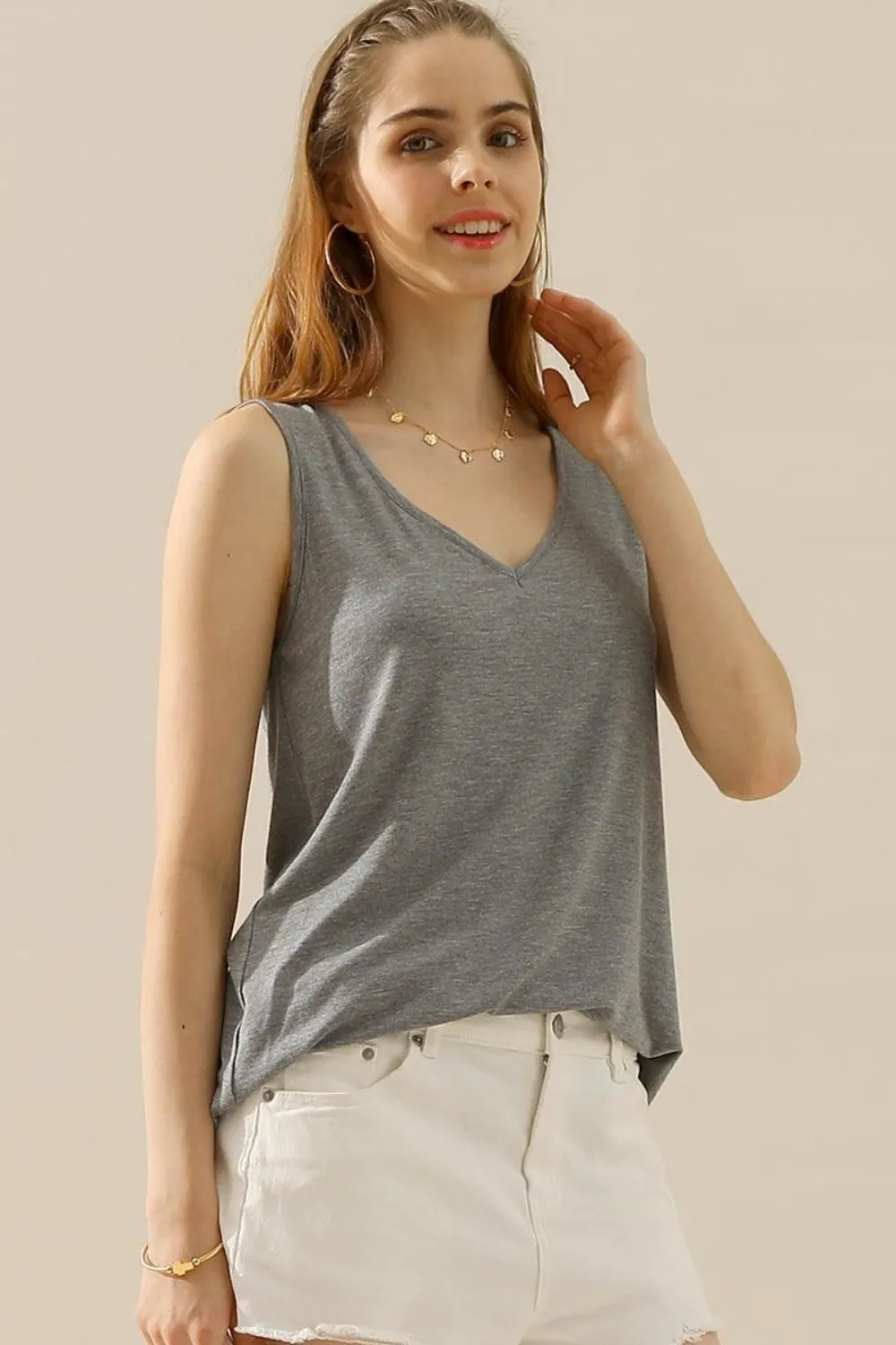 Full Size V-Neck Curved Hem Tank