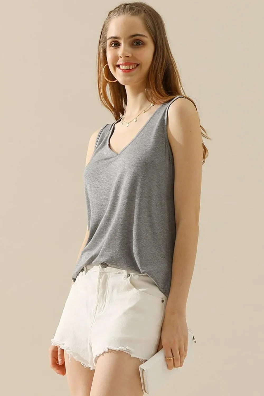 Full Size V-Neck Curved Hem Tank