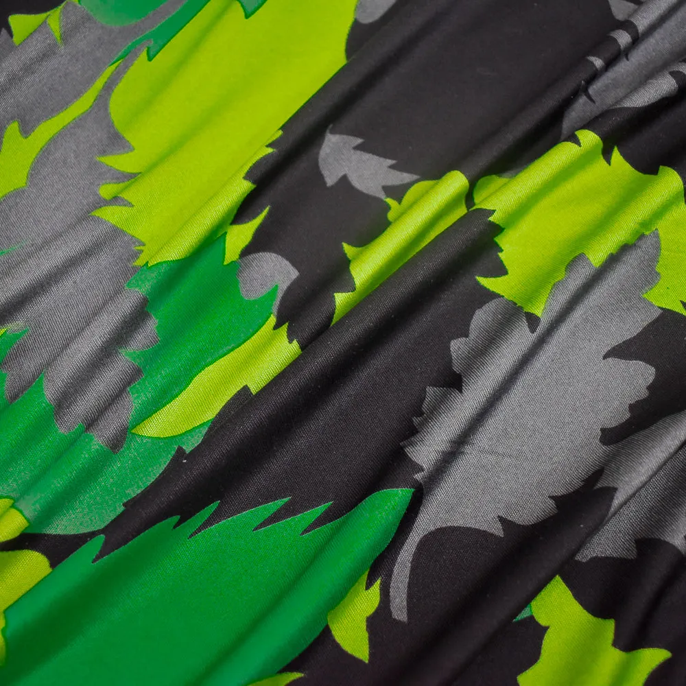 Green-Black-Gray Leaf Camo Printed Stretch Silk Jersey Knit Fabric