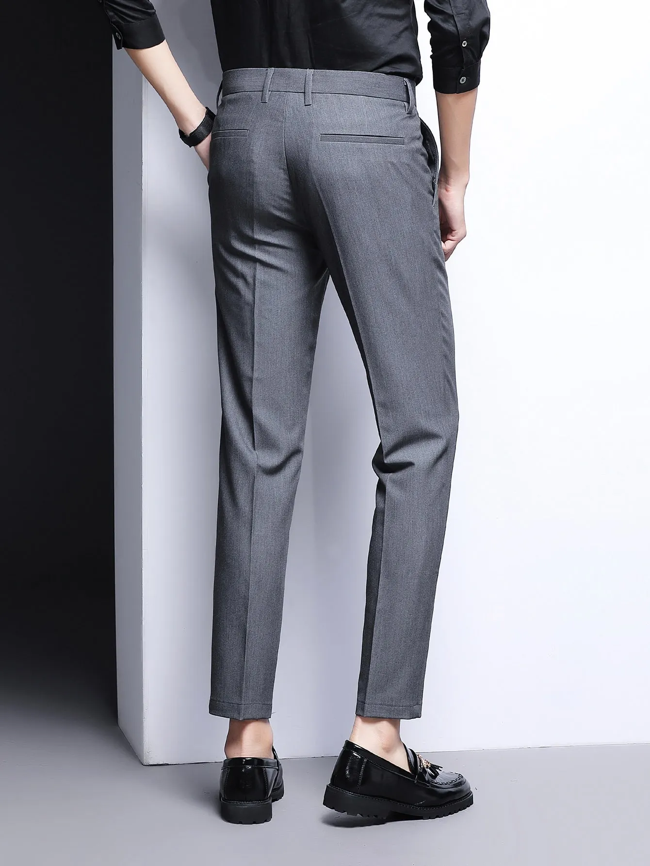 Grey Zipper Fly Slant Pocket Tailored Trousers