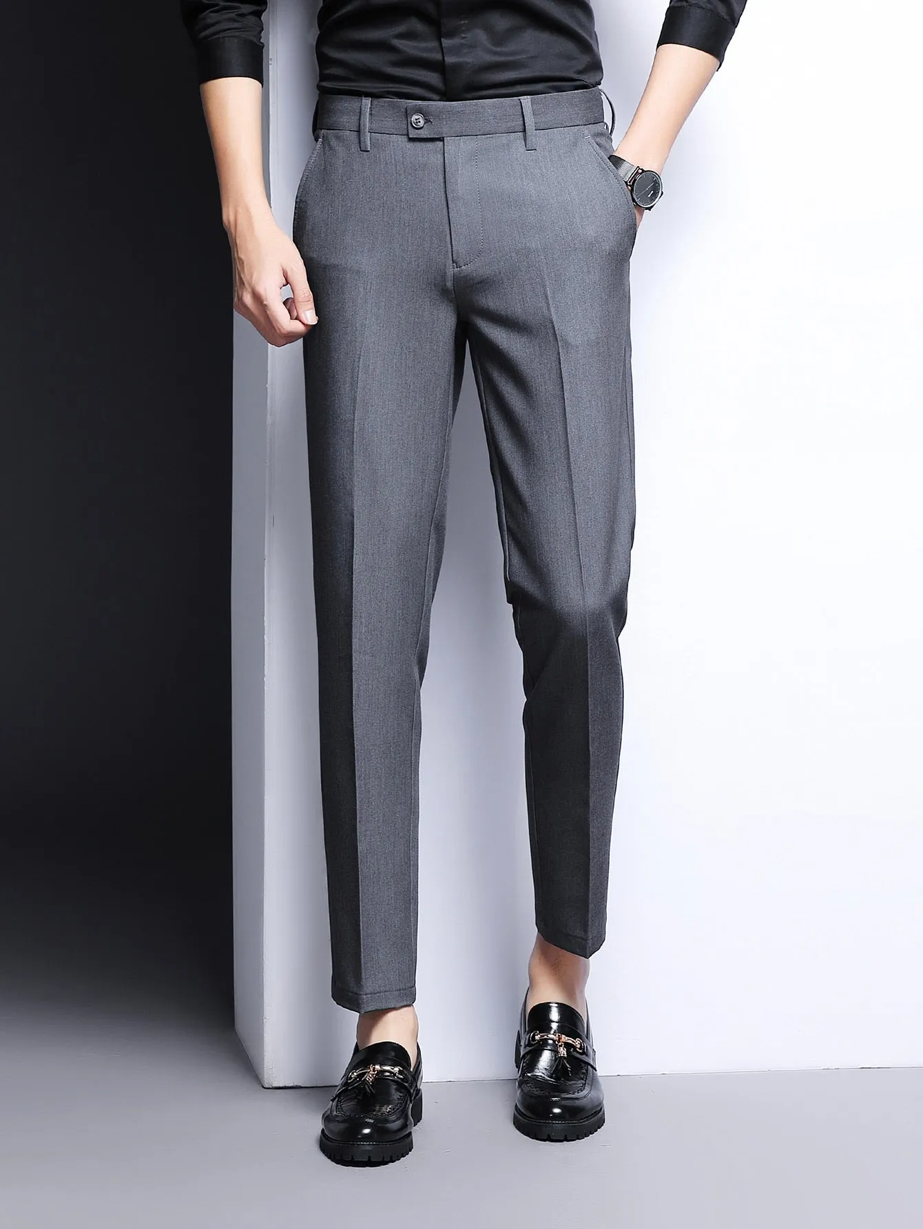 Grey Zipper Fly Slant Pocket Tailored Trousers