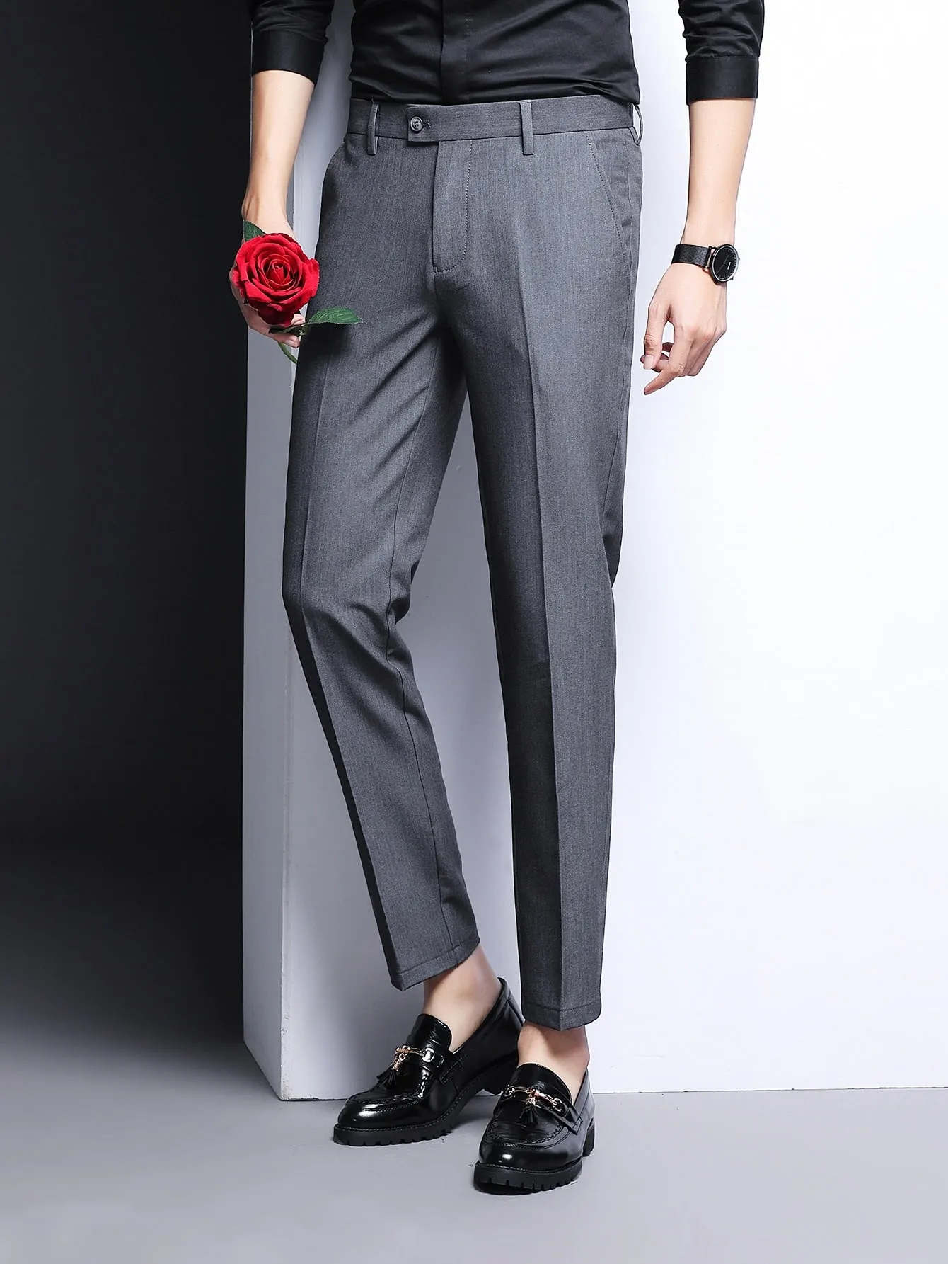 Grey Zipper Fly Slant Pocket Tailored Trousers