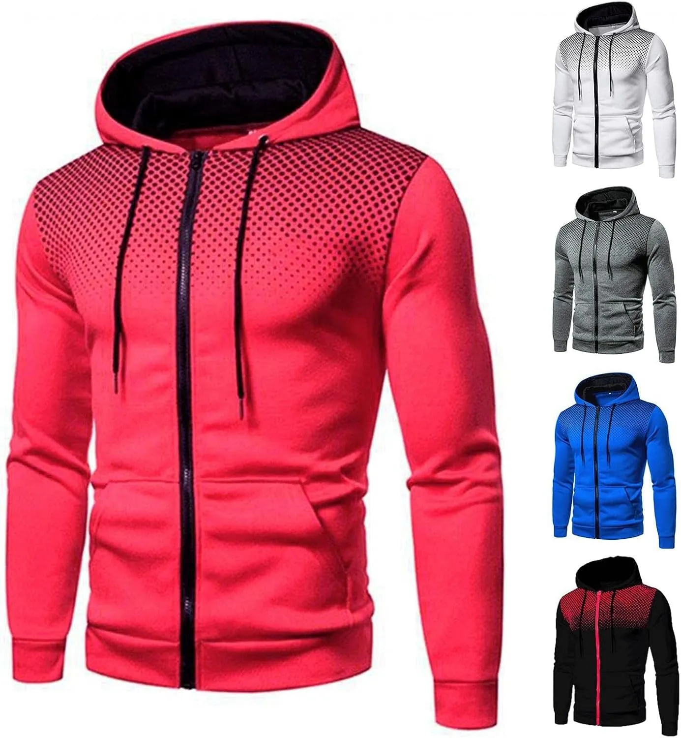 Hoodies for Men,Men'S Zip up Color Block Polka Dot Hoodies Full Zipper Slim Front Pocket Long Sleeve Hooded Sweatshirt