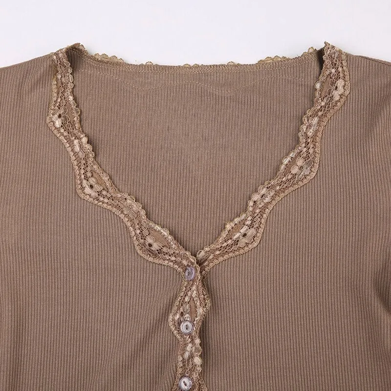 Khaki V Neck Knitted Lace Trim Top