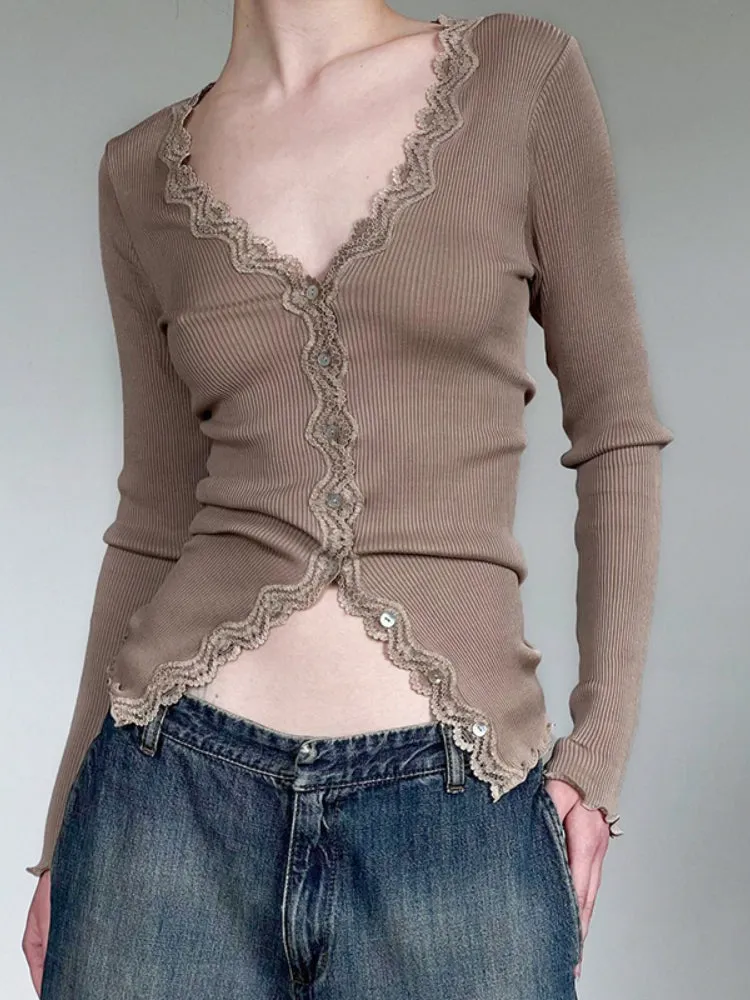 Khaki V Neck Knitted Lace Trim Top