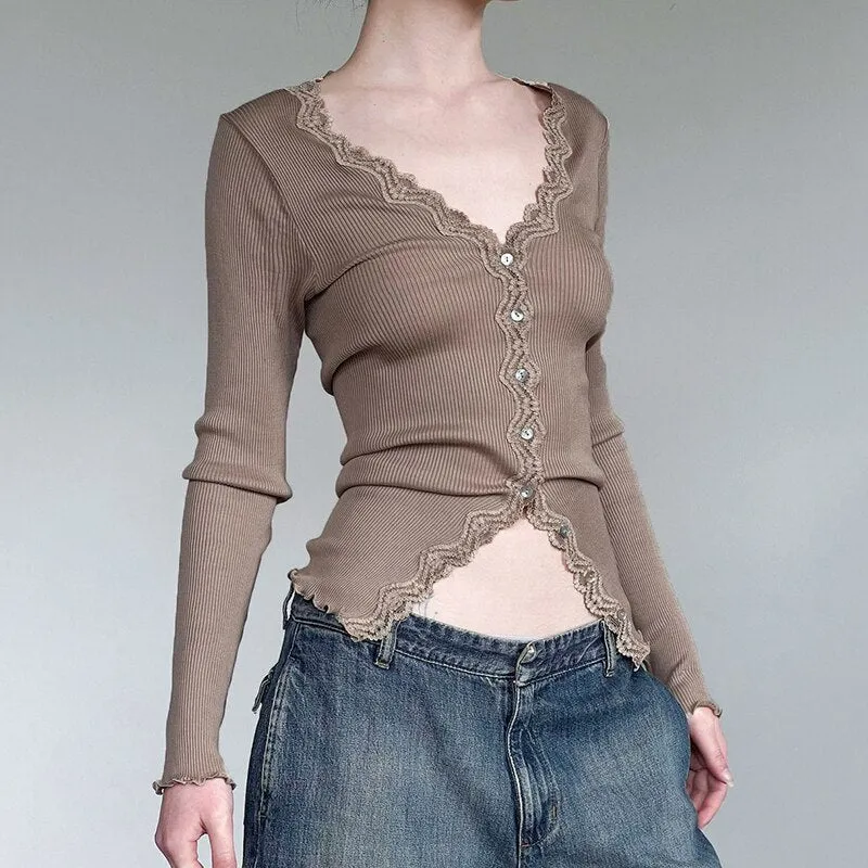 Khaki V Neck Knitted Lace Trim Top