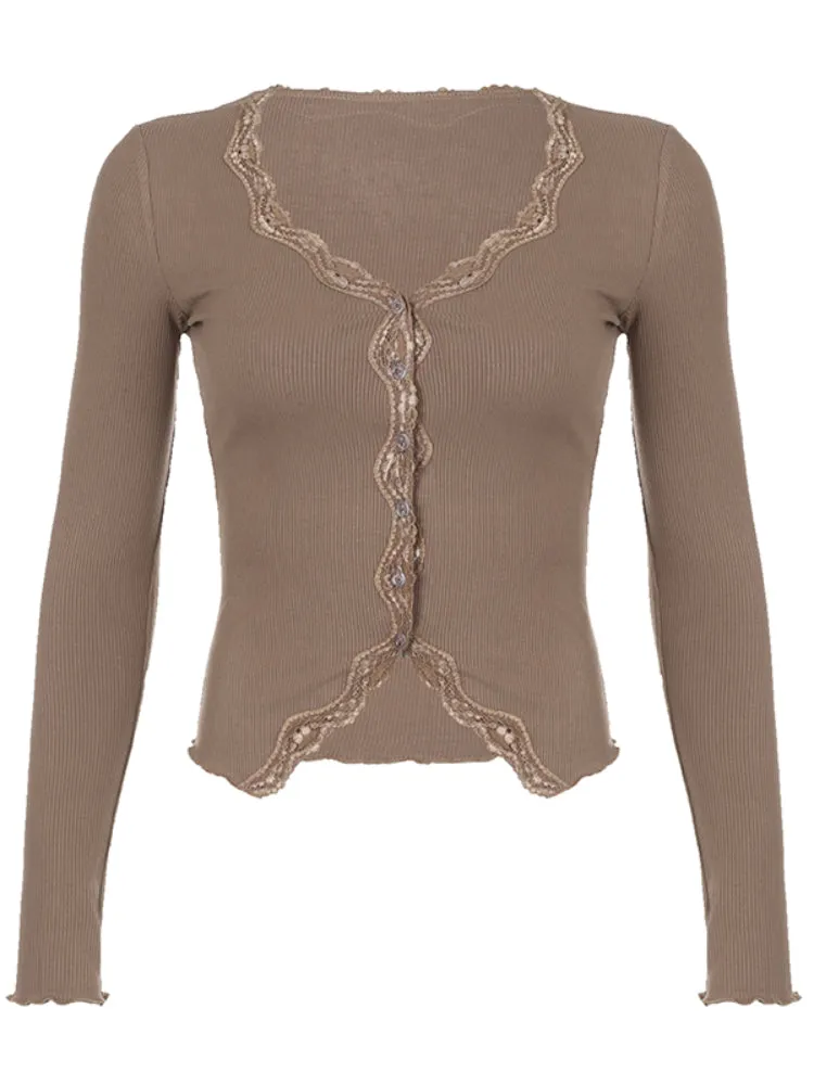 Khaki V Neck Knitted Lace Trim Top