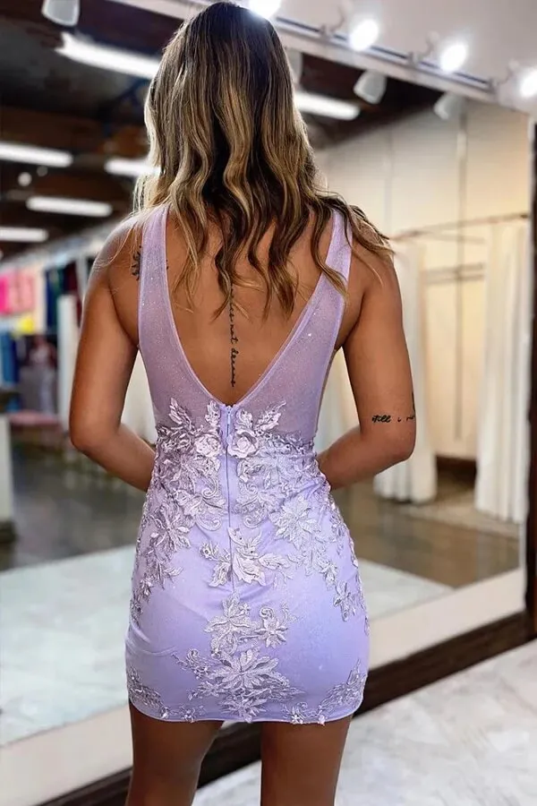 Lavender Sheath V-neck Spaghetti Straps Lace Appliques Homecoming Dress, SH641