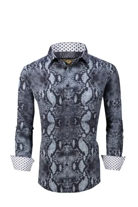 Men PREMIERE Long Sleeve Button Down Dress Shirt Black Snake Skin Print