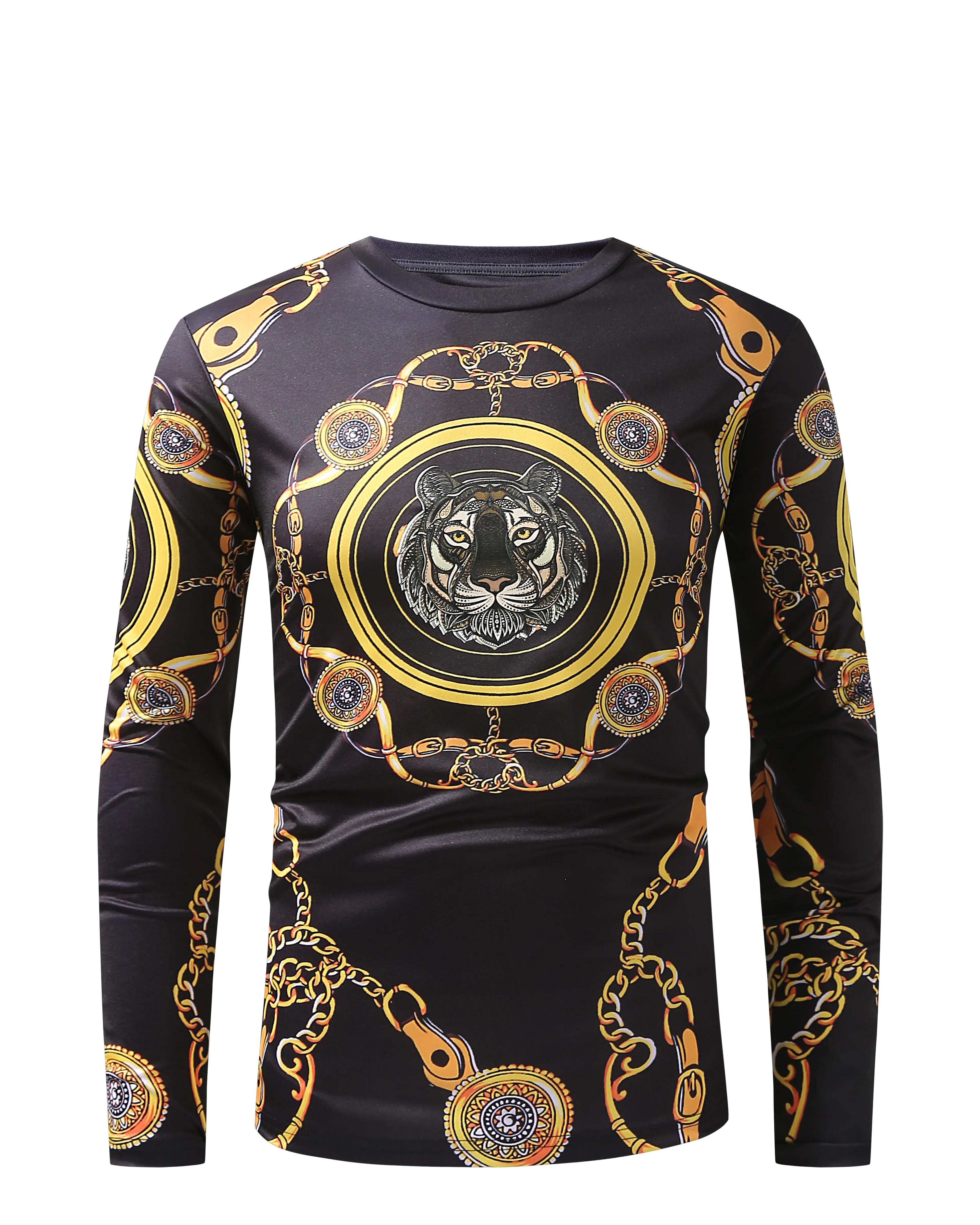 Men PREMIERE SLIM FIT Long Sleeve T SHIRT BLACK GOLD KING LION CHAIN PRINT Designer Shirt