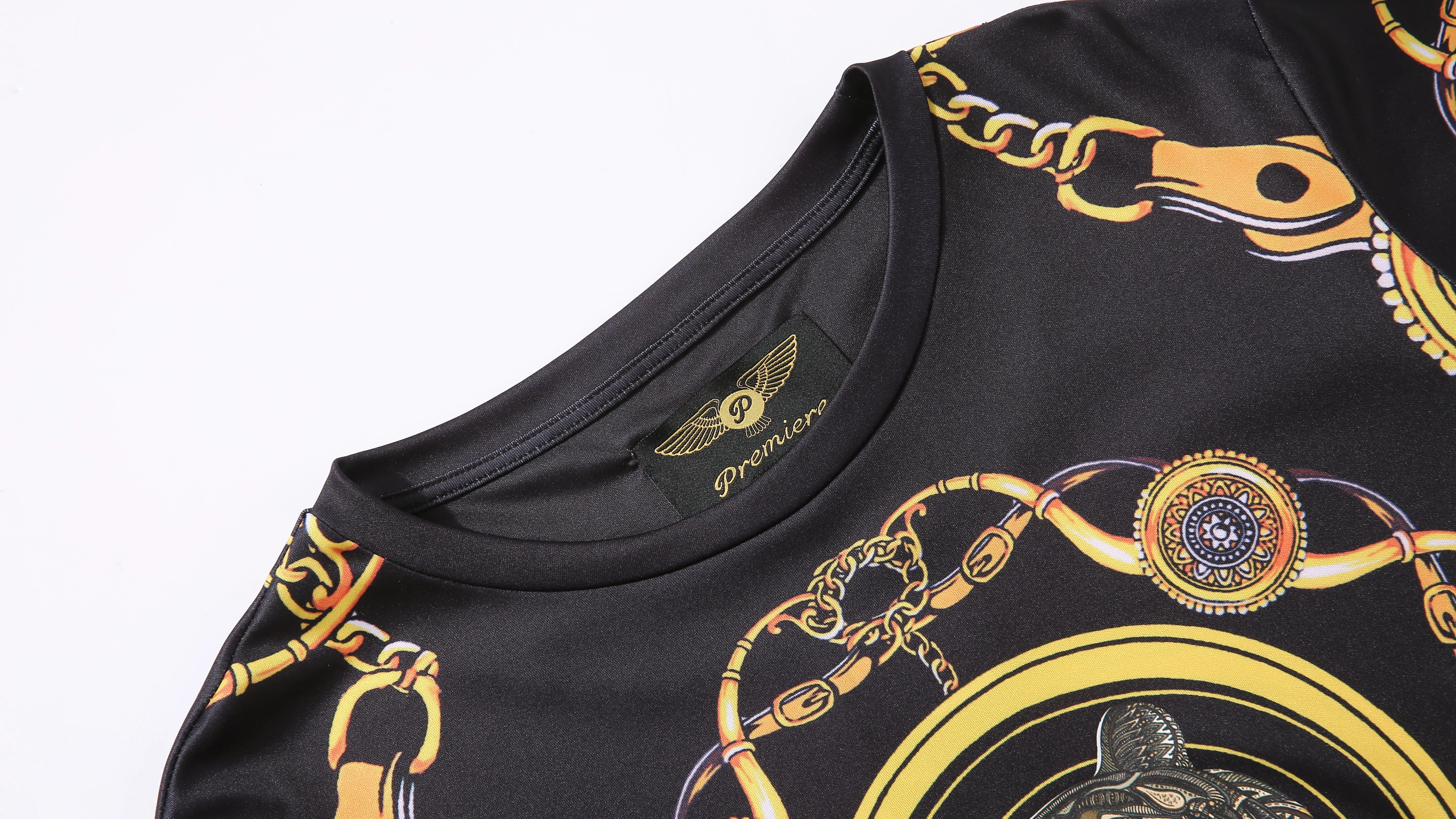 Men PREMIERE SLIM FIT Long Sleeve T SHIRT BLACK GOLD KING LION CHAIN PRINT Designer Shirt