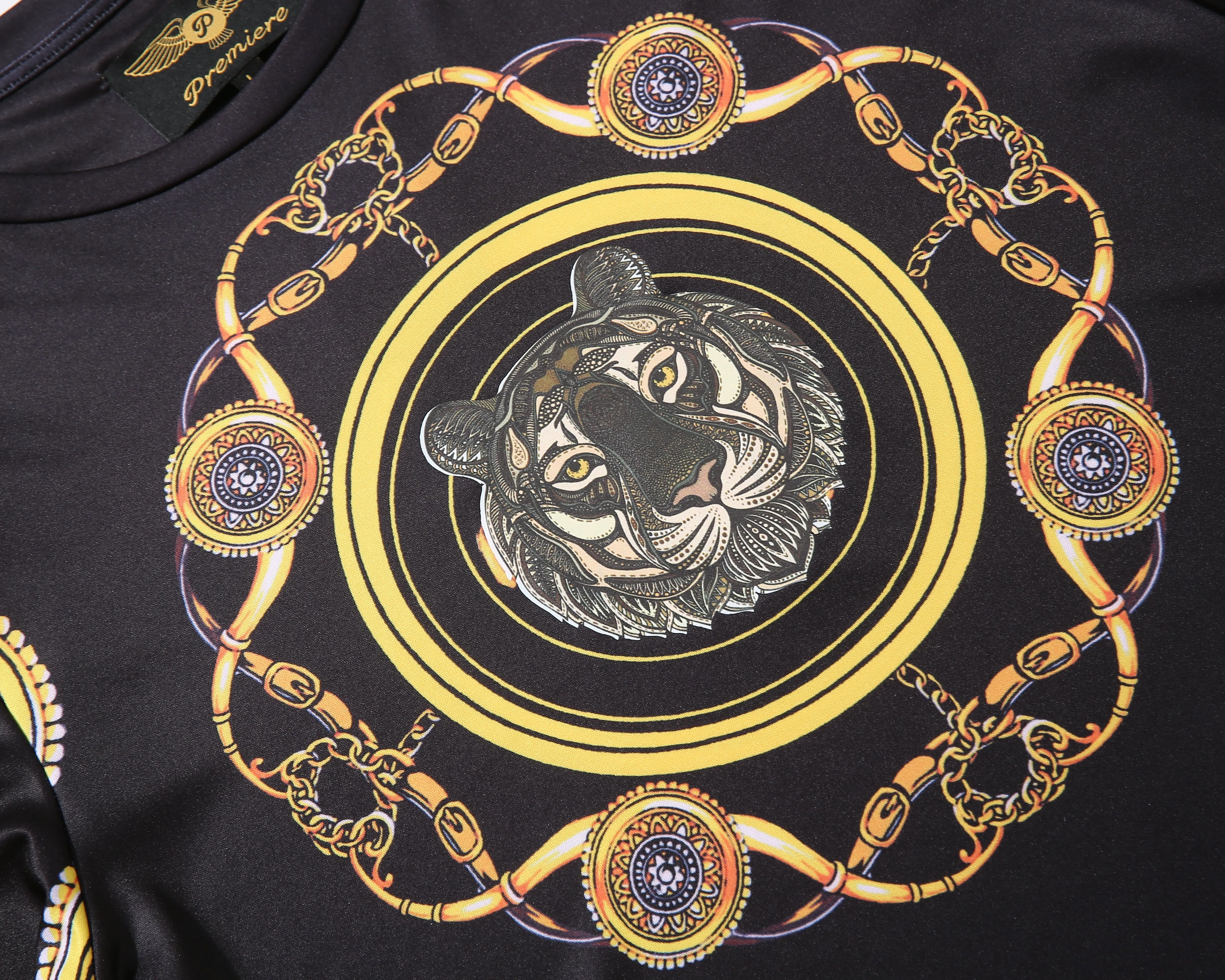 Men PREMIERE SLIM FIT Long Sleeve T SHIRT BLACK GOLD KING LION CHAIN PRINT Designer Shirt