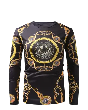 Men PREMIERE SLIM FIT Long Sleeve T SHIRT BLACK GOLD KING LION CHAIN PRINT Designer Shirt