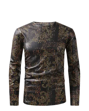 Men PREMIERE SLIM FIT Long Sleeve T SHIRT BLACK GOLD REPTILE CROCODILE SKIN PRINT Designer Shirt