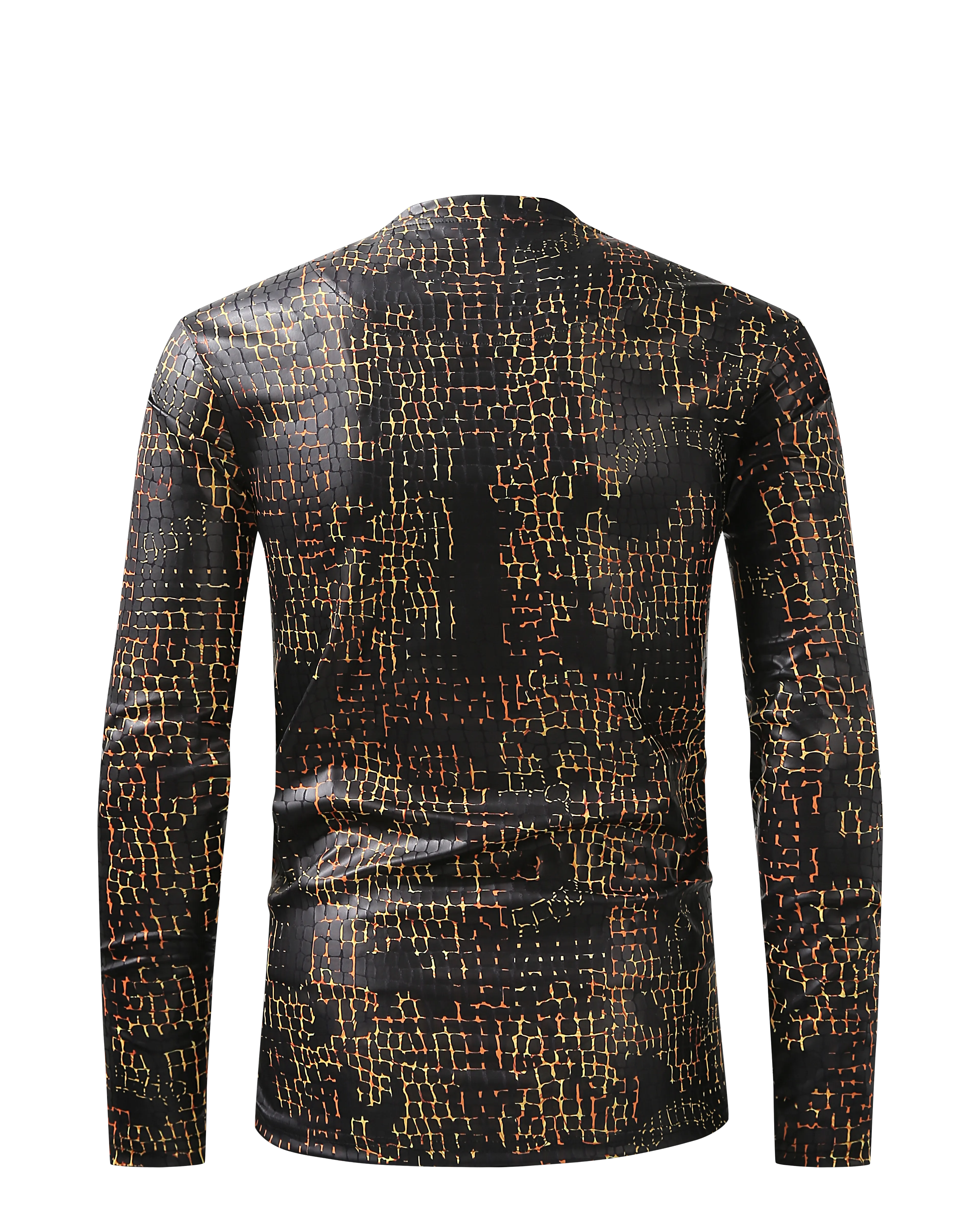 Men PREMIERE SLIM FIT Long Sleeve T SHIRT BLACK GOLD REPTILE CROCODILE SKIN PRINT Designer Shirt