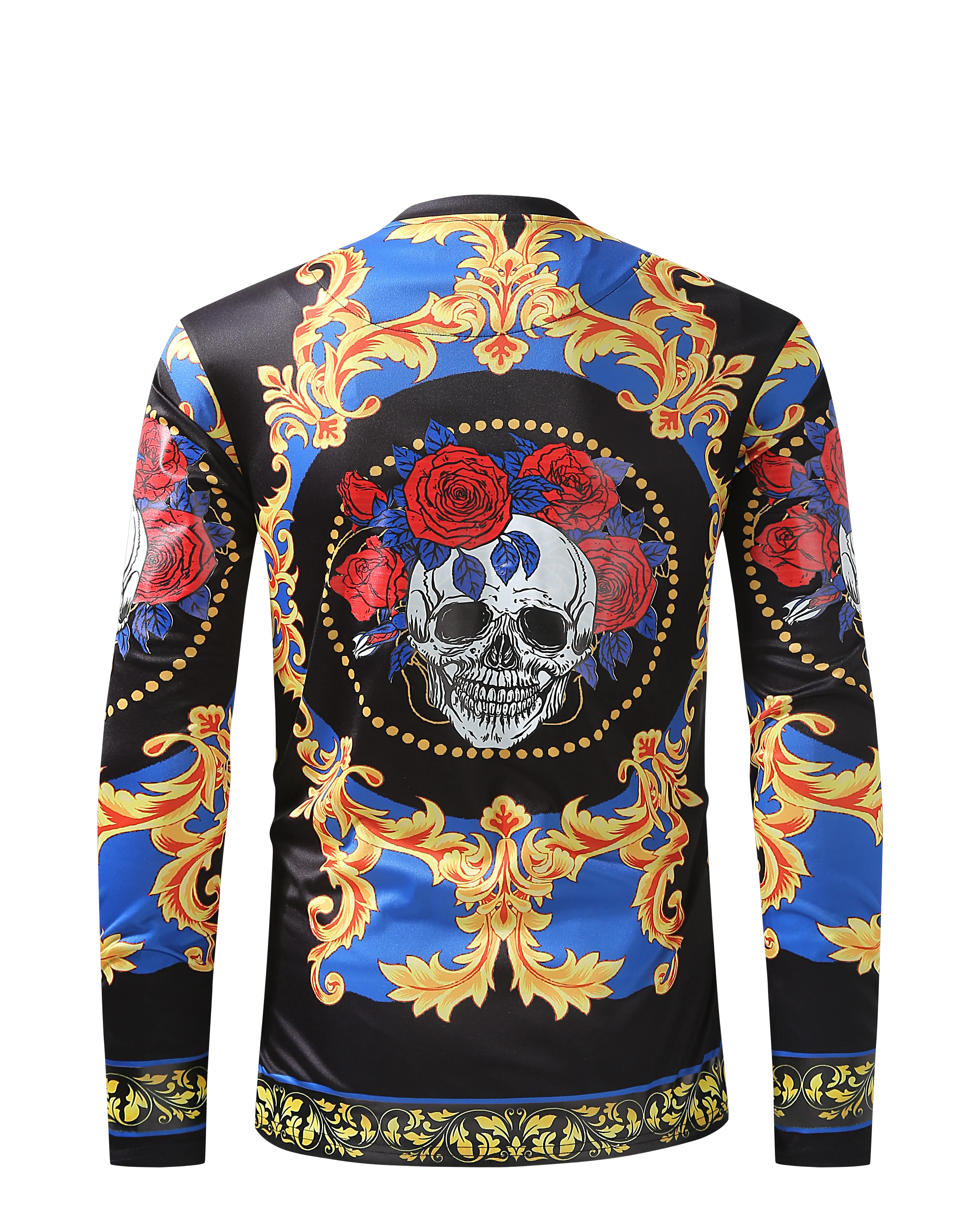 Men PREMIERE SLIM FIT Long Sleeve T SHIRT BLACK RED BLUE SKULL ROSE CHAIN PRINT Designer Shirt