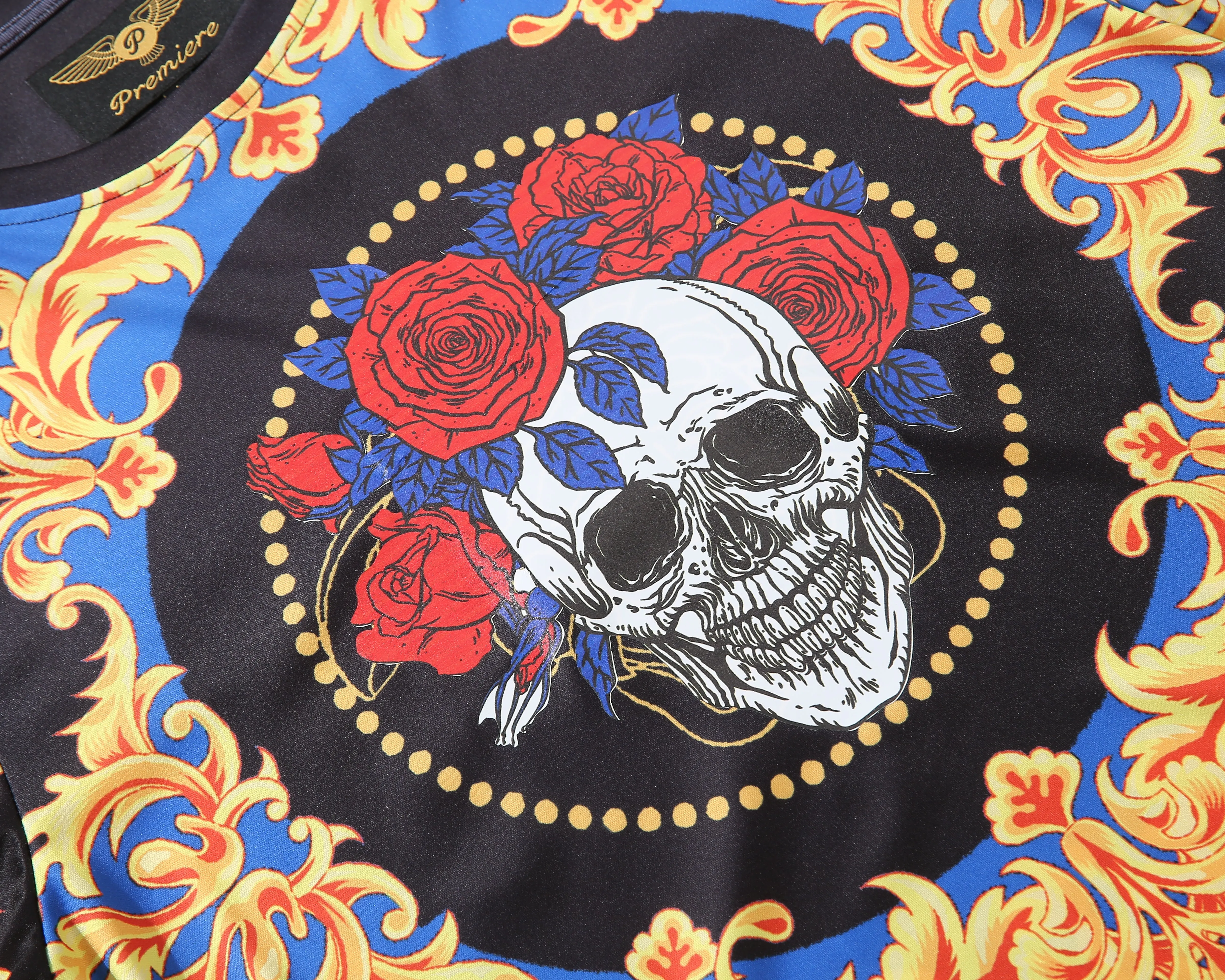 Men PREMIERE SLIM FIT Long Sleeve T SHIRT BLACK RED BLUE SKULL ROSE CHAIN PRINT Designer Shirt