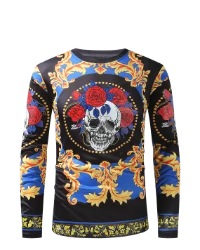 Men PREMIERE SLIM FIT Long Sleeve T SHIRT BLACK RED BLUE SKULL ROSE CHAIN PRINT Designer Shirt