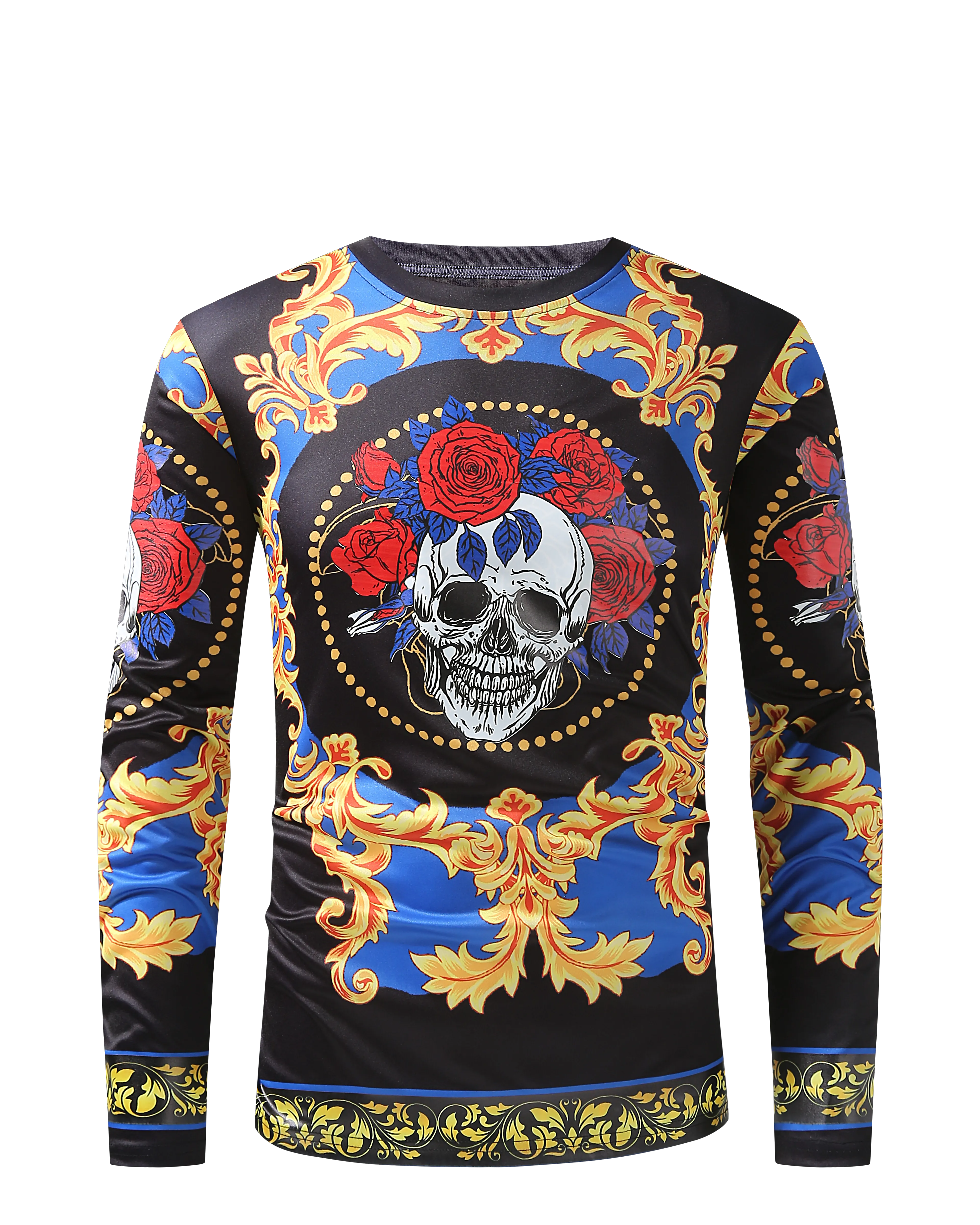 Men PREMIERE SLIM FIT Long Sleeve T SHIRT BLACK RED BLUE SKULL ROSE CHAIN PRINT Designer Shirt