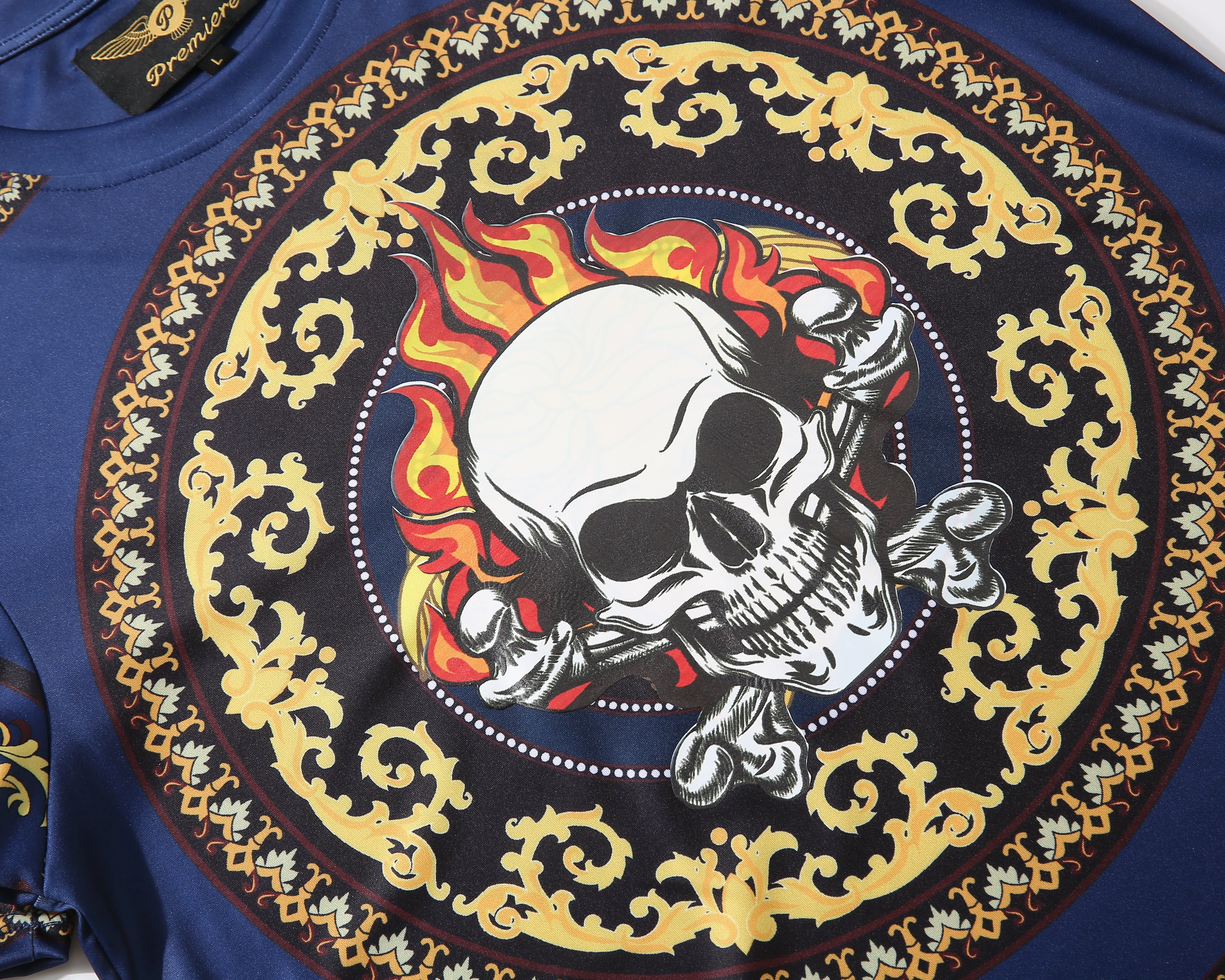 Men PREMIERE SLIM FIT Short Sleeve T SHIRT NAVY BLUE GOLD SKULL FIRE PRINT Designer Shirt