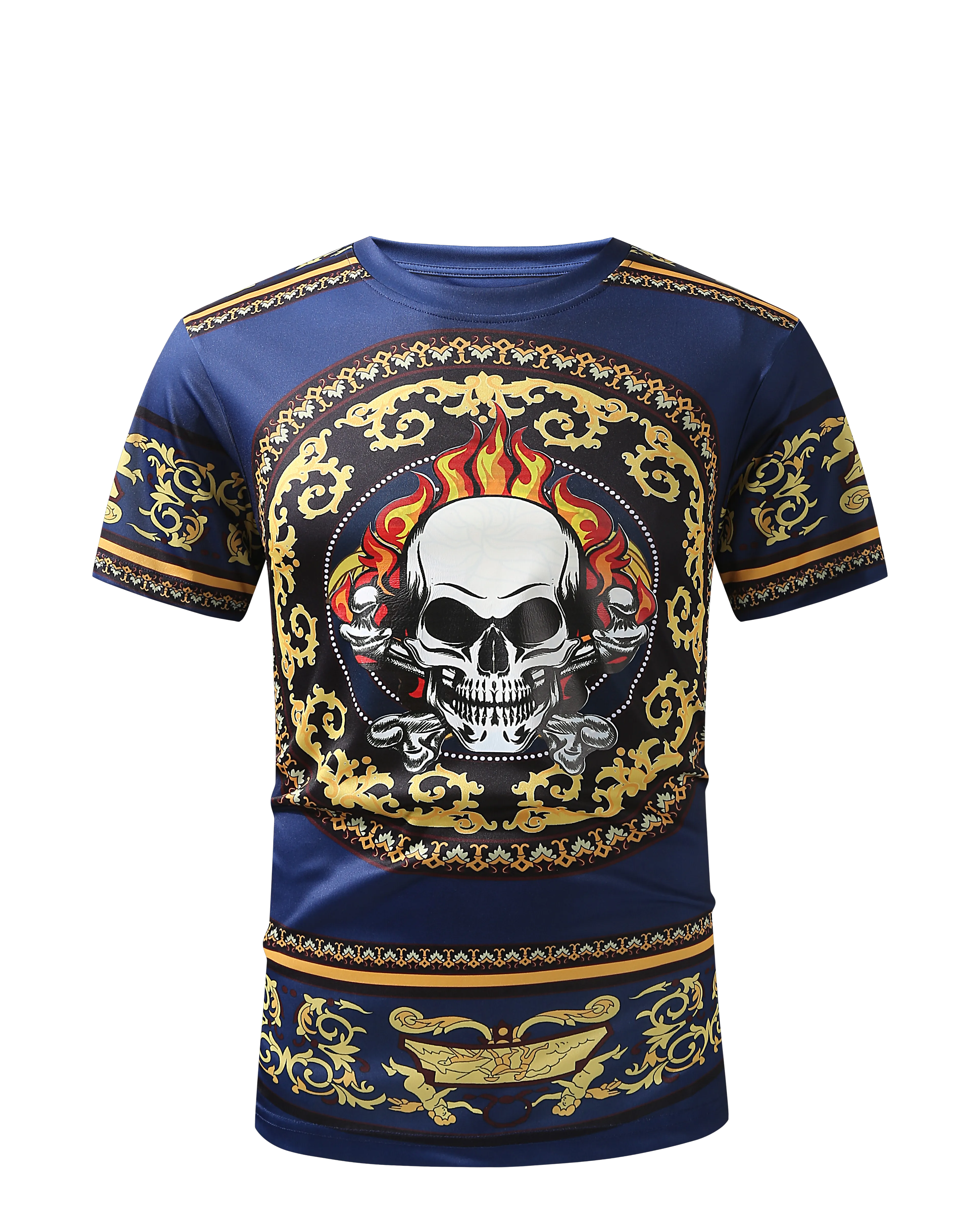 Men PREMIERE SLIM FIT Short Sleeve T SHIRT NAVY BLUE GOLD SKULL FIRE PRINT Designer Shirt