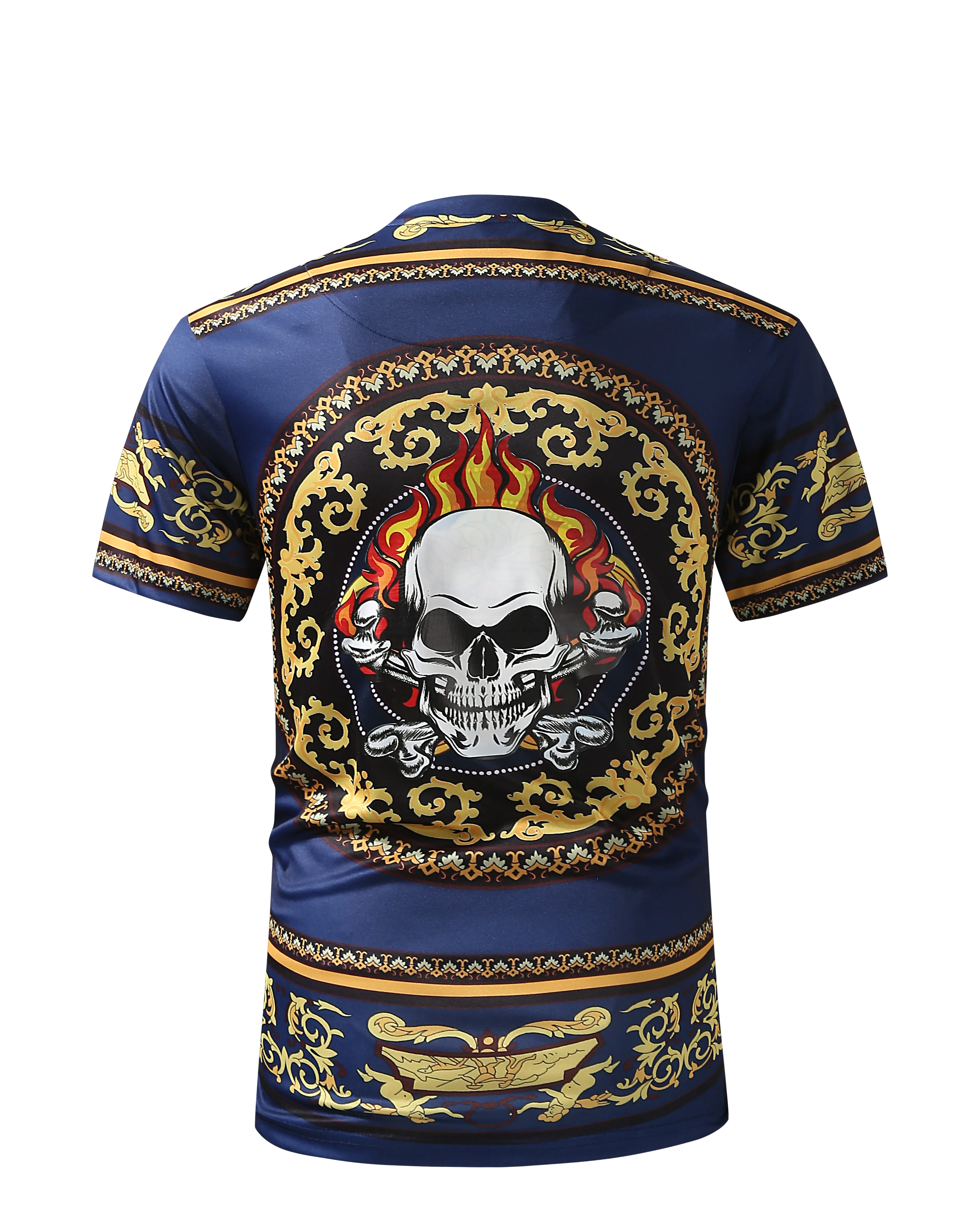 Men PREMIERE SLIM FIT Short Sleeve T SHIRT NAVY BLUE GOLD SKULL FIRE PRINT Designer Shirt