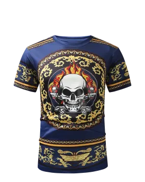 Men PREMIERE SLIM FIT Short Sleeve T SHIRT NAVY BLUE GOLD SKULL FIRE PRINT Designer Shirt