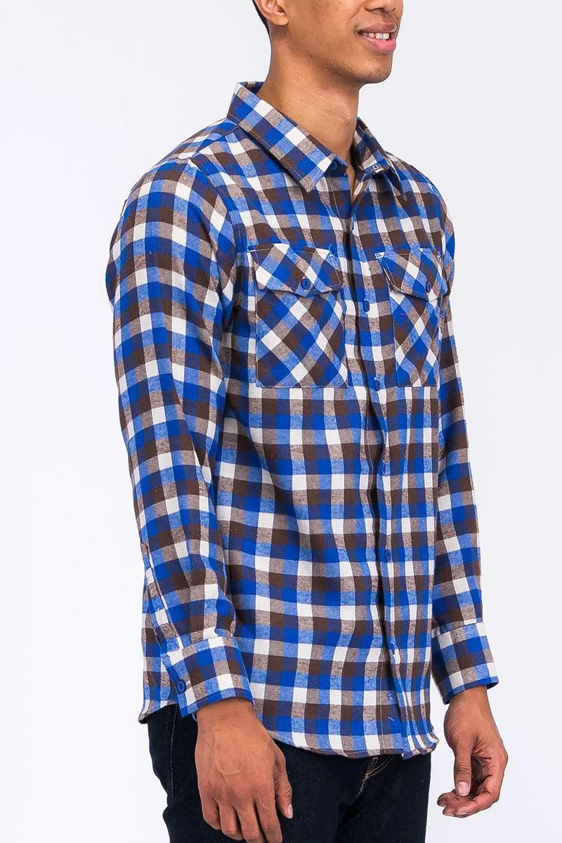 Mens Blue Multi Plaid Flannel Shirt Button Front