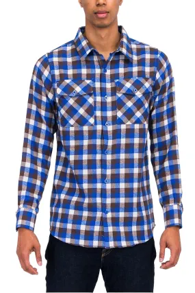 Mens Blue Multi Plaid Flannel Shirt Button Front