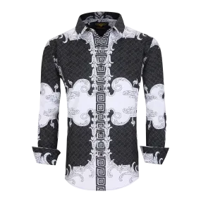 Men's PREMIERE Black White Paisley Tribal Floral Long Sleeve Button Down Dress Shirt