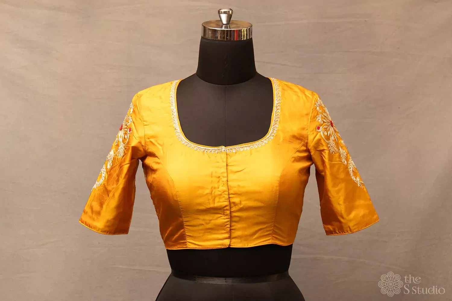 Mustard hand  embroidered silk blouse with neck pattern