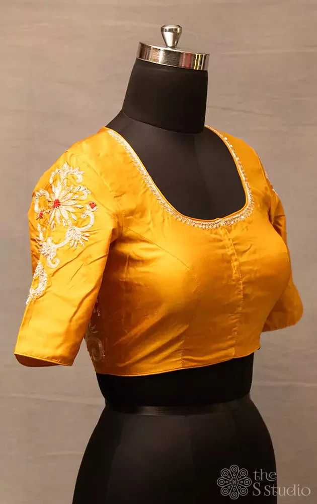 Mustard hand  embroidered silk blouse with neck pattern