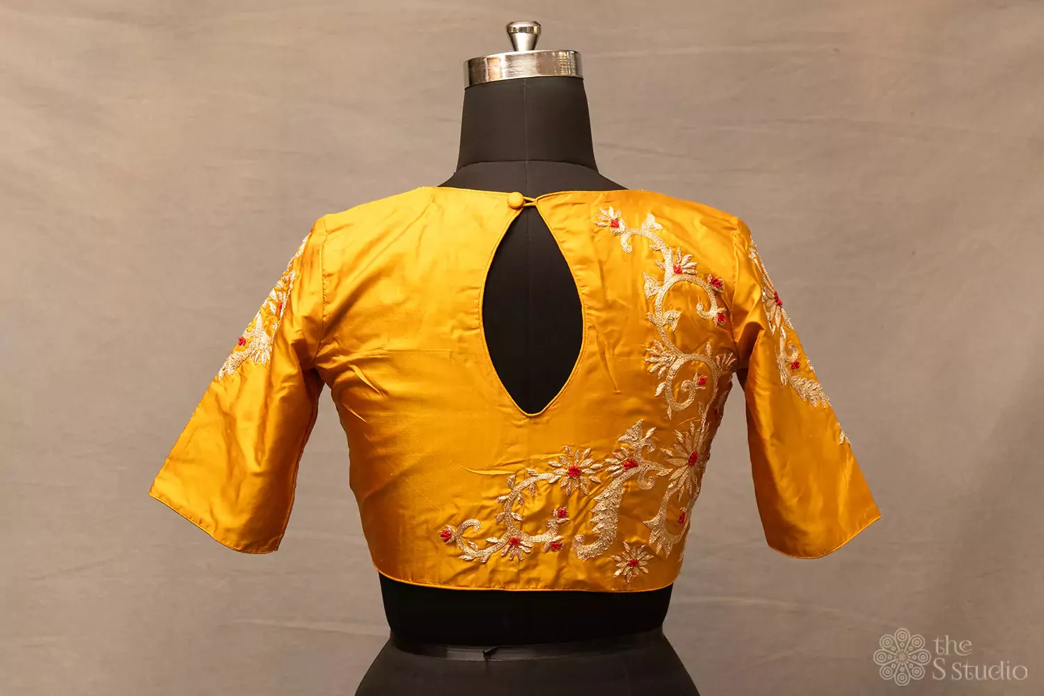 Mustard hand  embroidered silk blouse with neck pattern