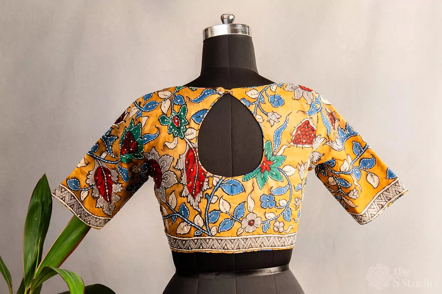 Mustard hand painted pen kalamkari silk blouse with kantha embroidery