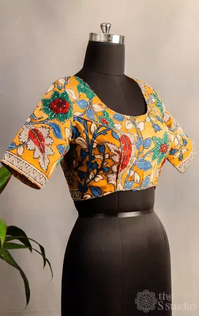 Mustard hand painted pen kalamkari silk blouse with kantha embroidery