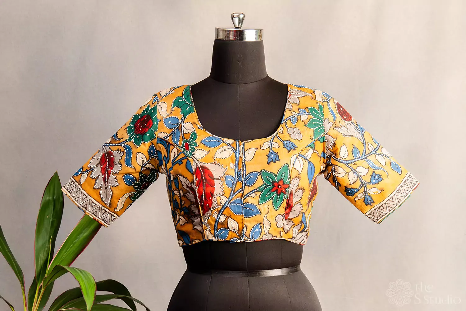 Mustard hand painted pen kalamkari silk blouse with kantha embroidery