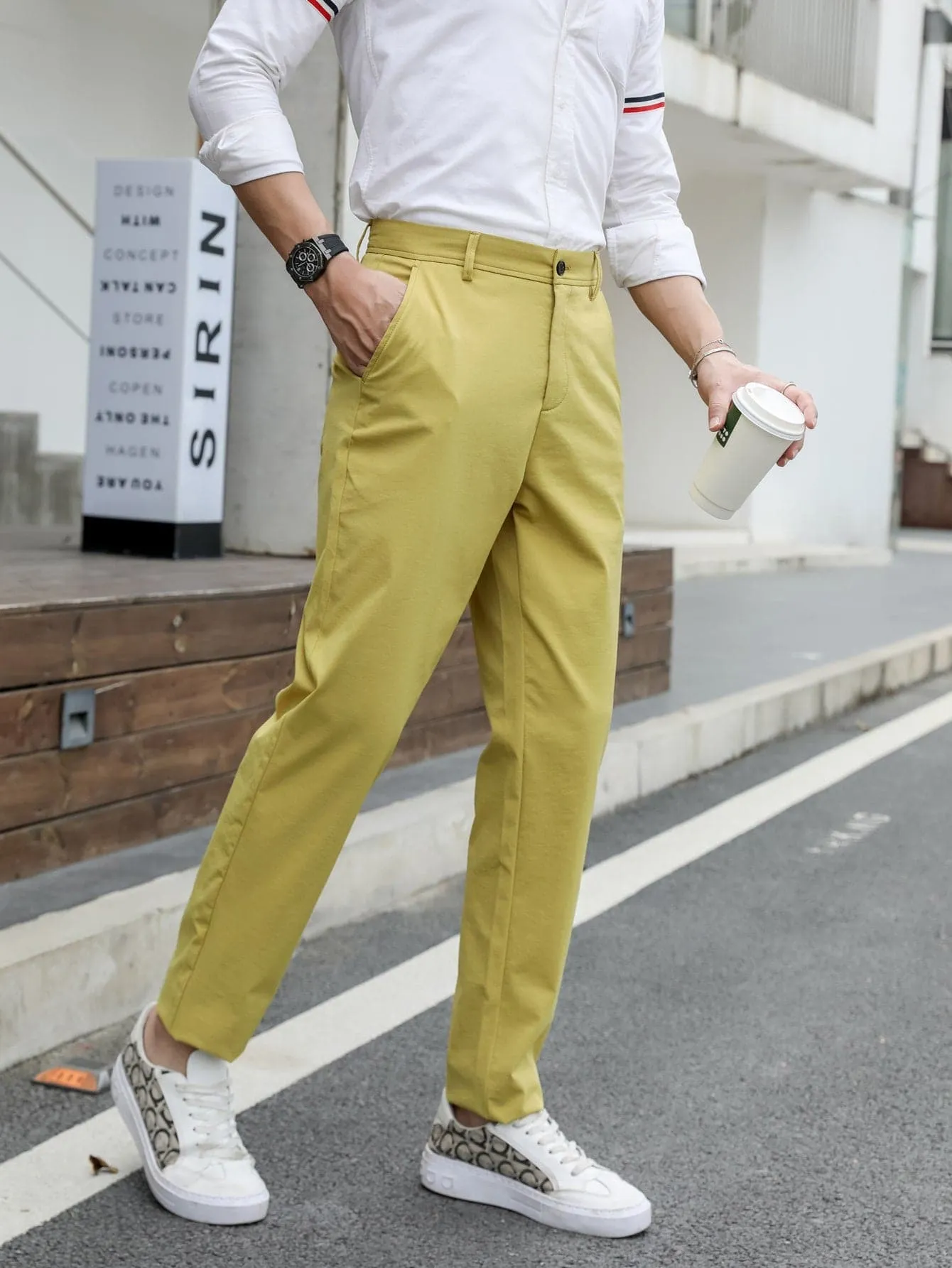 Mustard Yellow Slant Pockets Zipper Fly Tailored Trousers