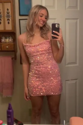 Pink Sheath Sequins Homecoming Dress Short Prom Dresses 2363