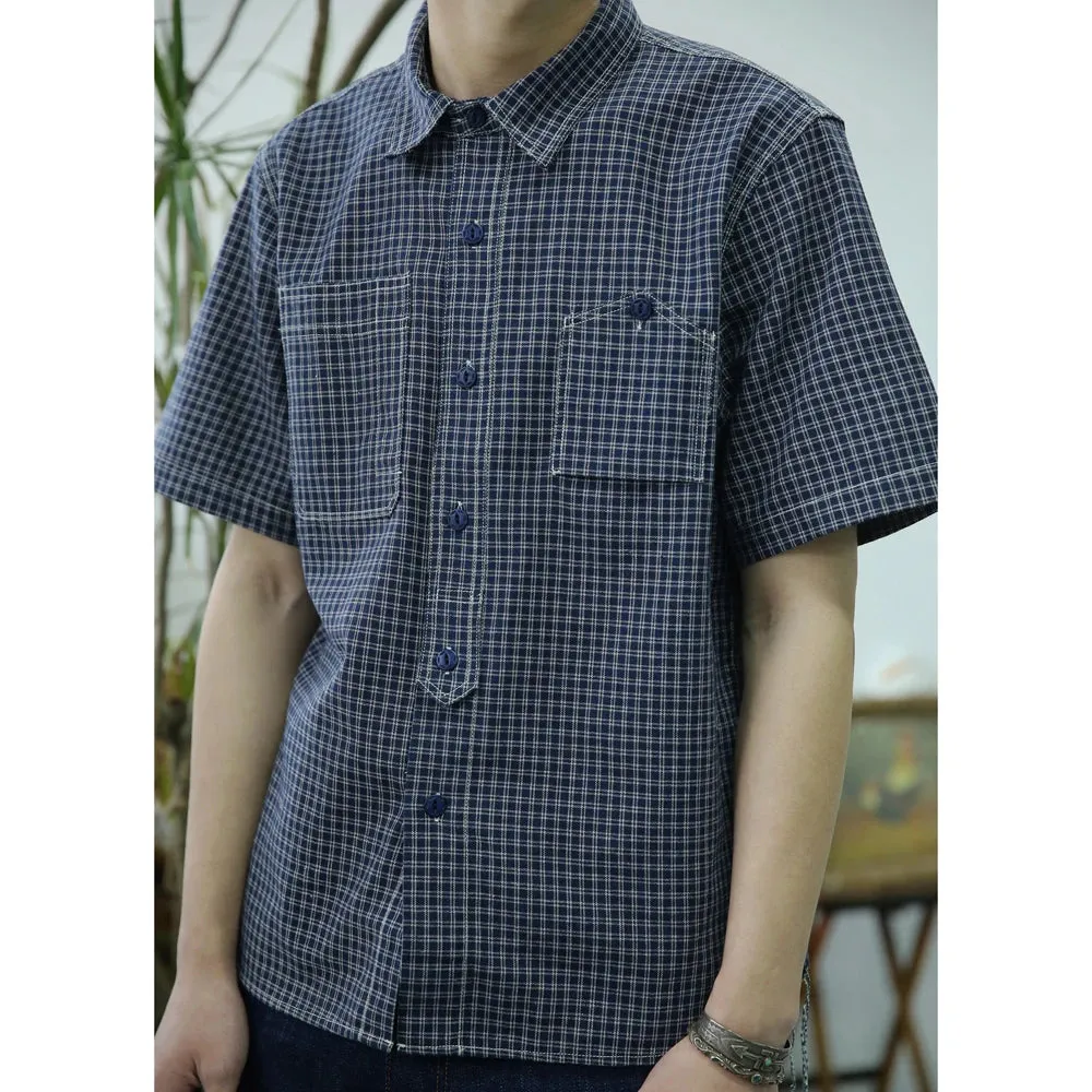 Plaid Short Sleeve Work Shirts with Retro Button Down