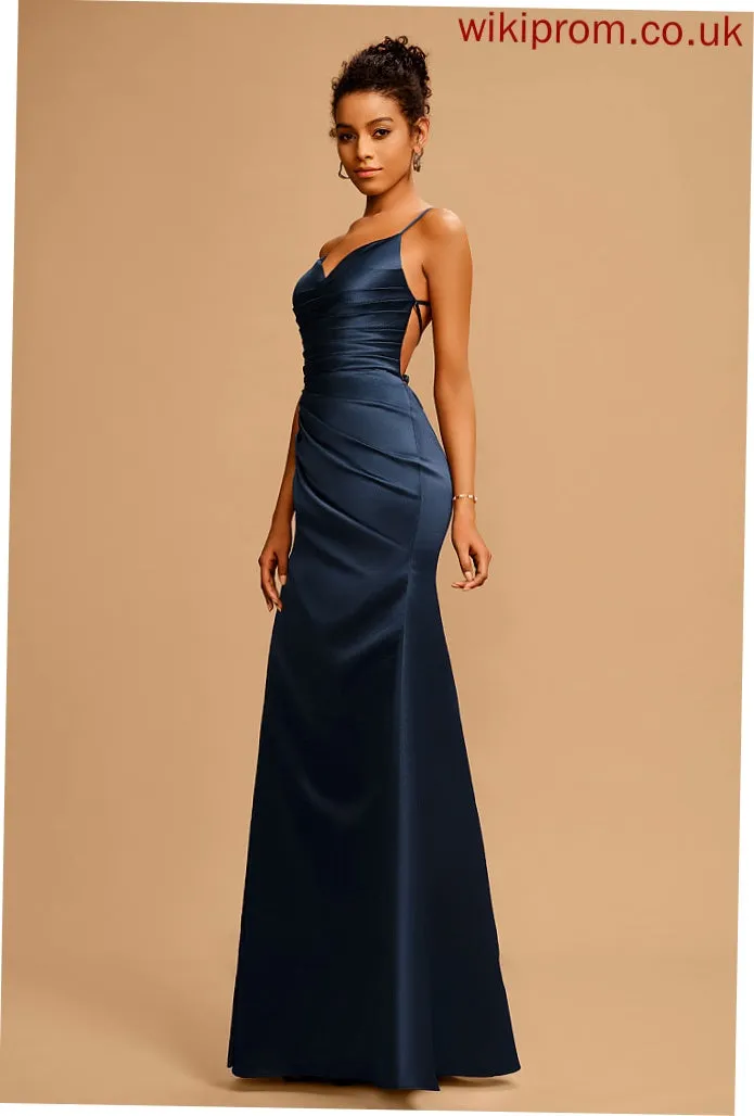 Pleated Deja Floor-Length Prom Dresses Sheath/Column Satin V-neck With