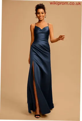 Pleated Deja Floor-Length Prom Dresses Sheath/Column Satin V-neck With