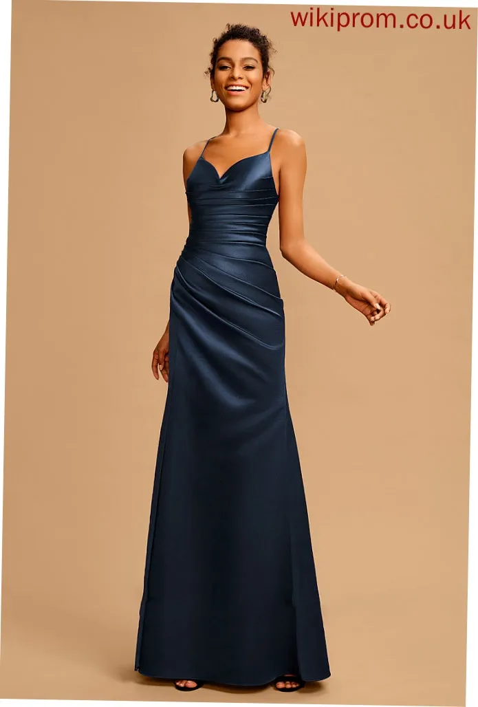 Pleated Deja Floor-Length Prom Dresses Sheath/Column Satin V-neck With