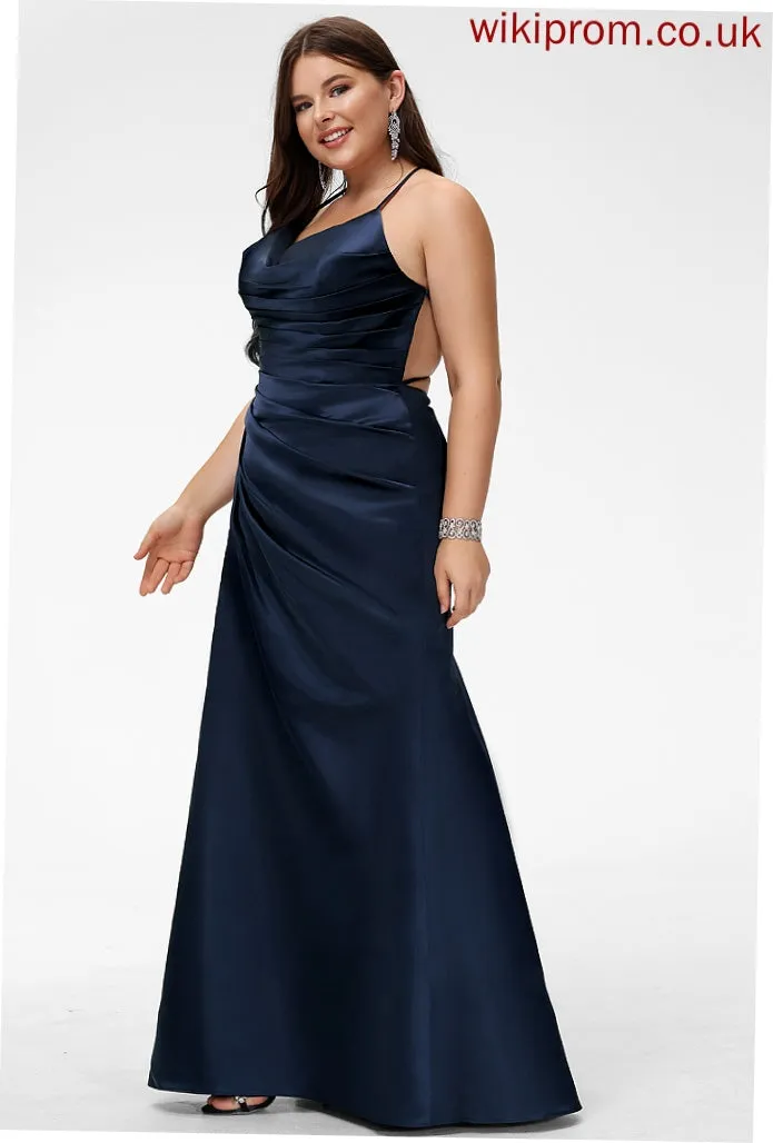 Pleated Deja Floor-Length Prom Dresses Sheath/Column Satin V-neck With