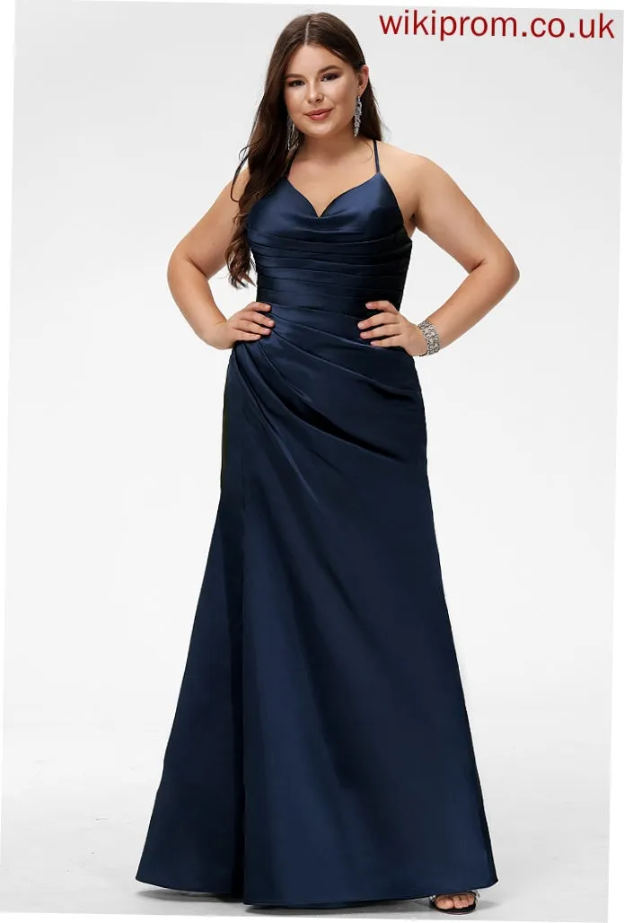 Pleated Deja Floor-Length Prom Dresses Sheath/Column Satin V-neck With