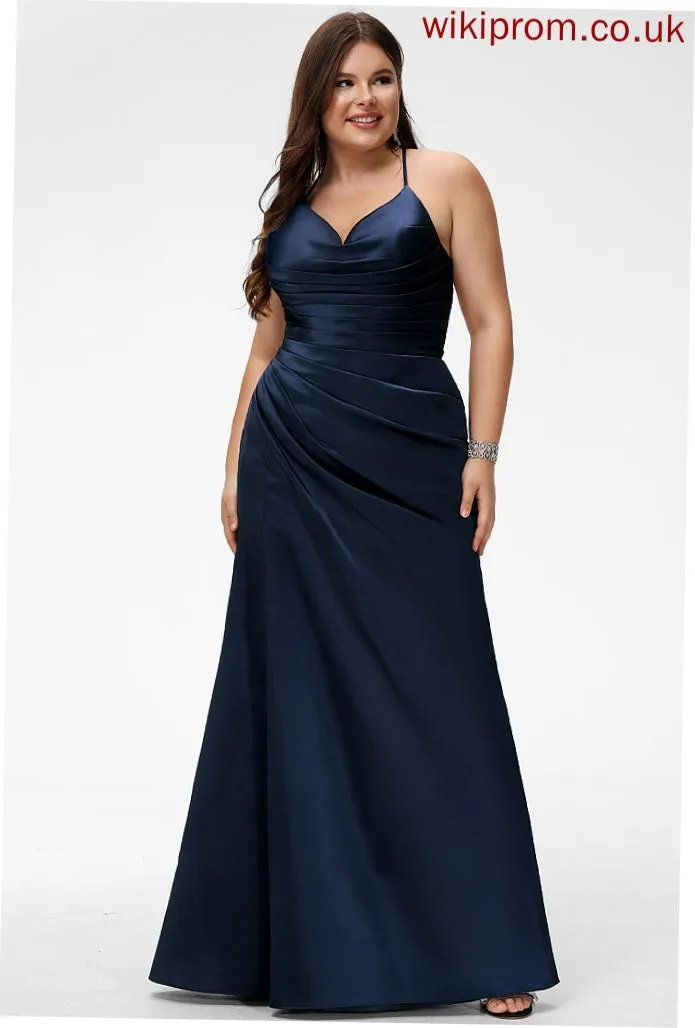 Pleated Deja Floor-Length Prom Dresses Sheath/Column Satin V-neck With